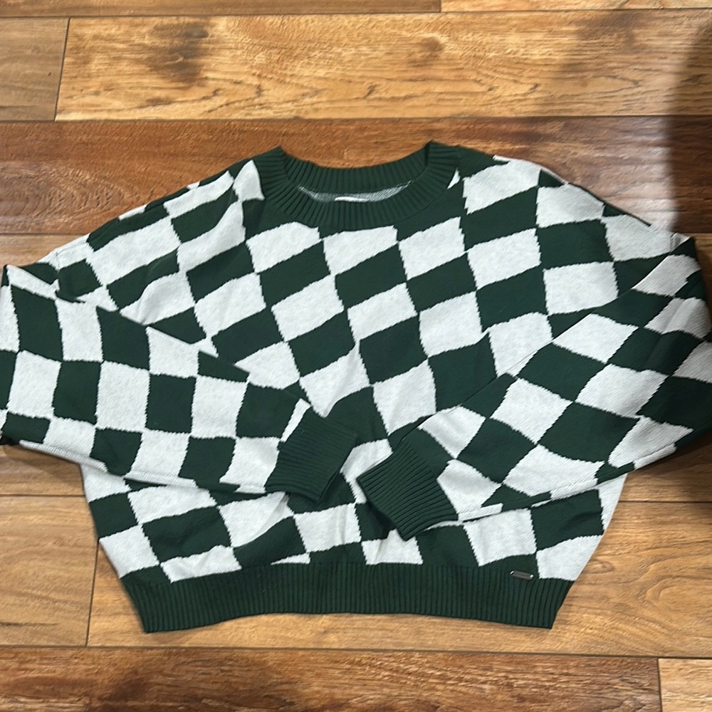 Hollister Green and White Crewneck Sweater with Checkerboard Pattern